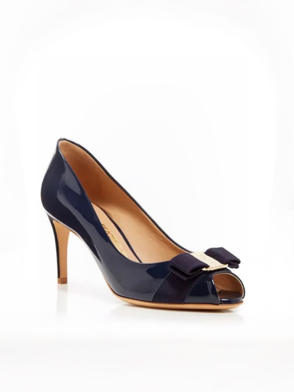 Salvatore Ferragamo Blue Patent Leather Vara Bow Peep Toe Pumps Sz 38/US 8 $795